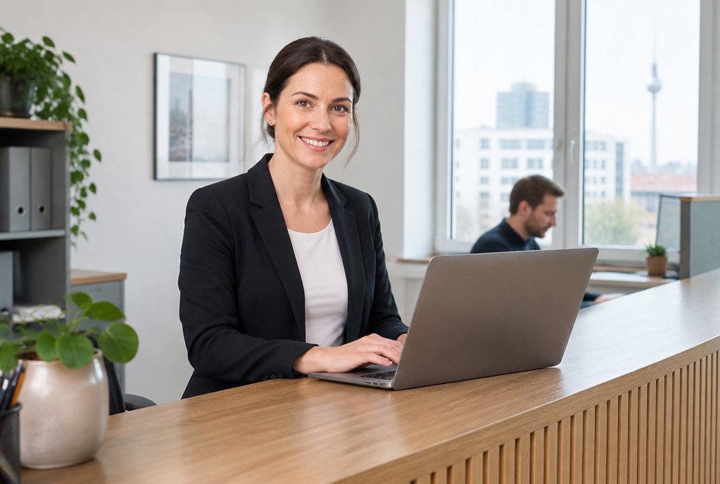 Mitarbeiterin am Empfang eines kleinen Unternehmens am Laptop