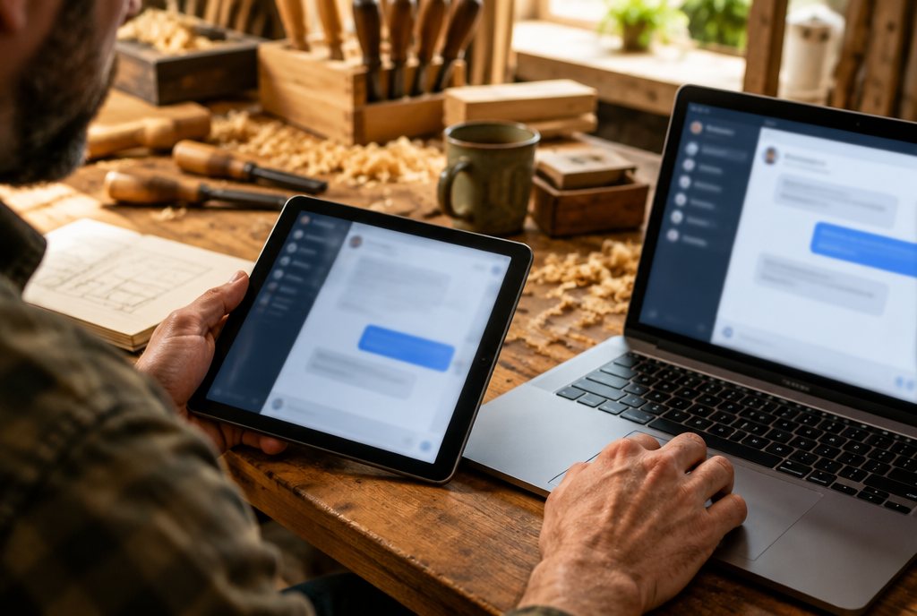 Handwerker mit Tablet und Laptop in der Werkstatt